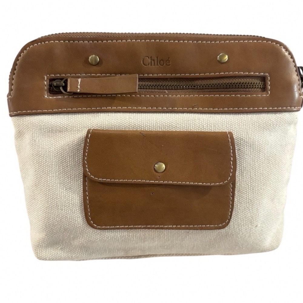 Chloe Canvas and Leather Cosmetic Pouch Cream Brown Zip Makeup Bag